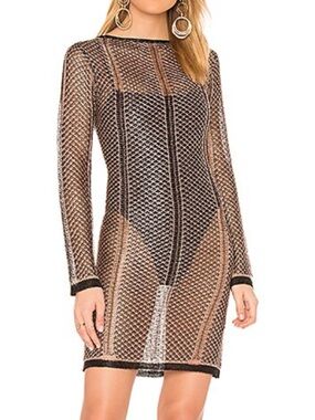 REVOLVE Black & Gold Sheer Net Long-Sleeve Mini Dress